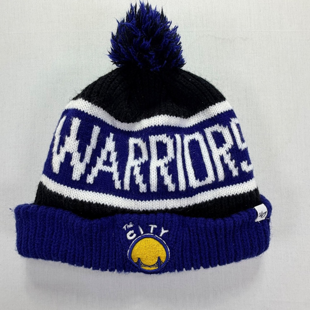 47 Brand Mens Golden State Warriors The City‎ Pom Pom Beanie Hat Black Blue